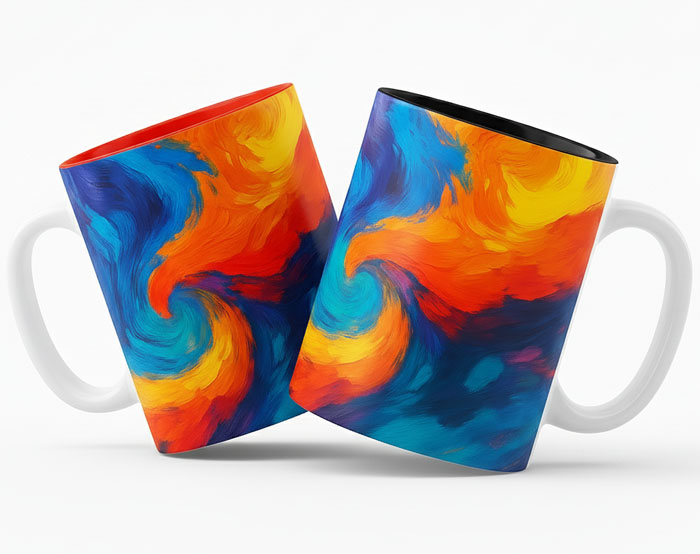 Weiße Tassen mit Vollbedruckung und farbigem Innenbereich